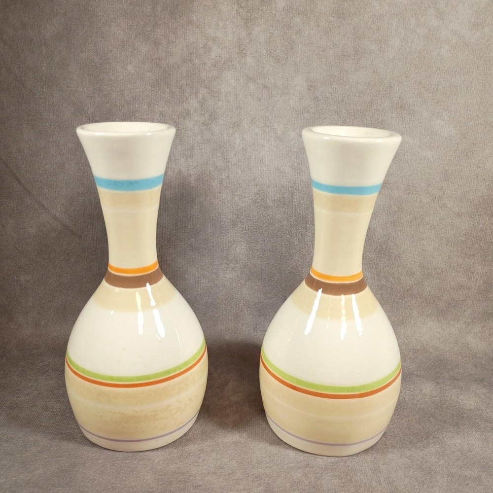 Jill Rosenwald Arte y Barro Ceramic Bud Vases Pair Boho Striped Hand Painted